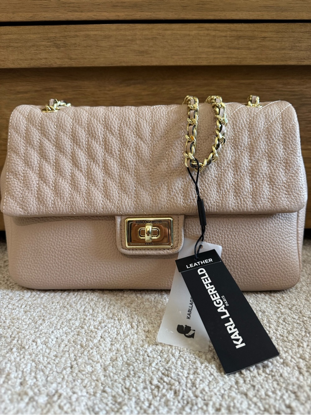 Karl Lagerfeld Pink Quilted Leather Shoulder Bag with Gold Chain